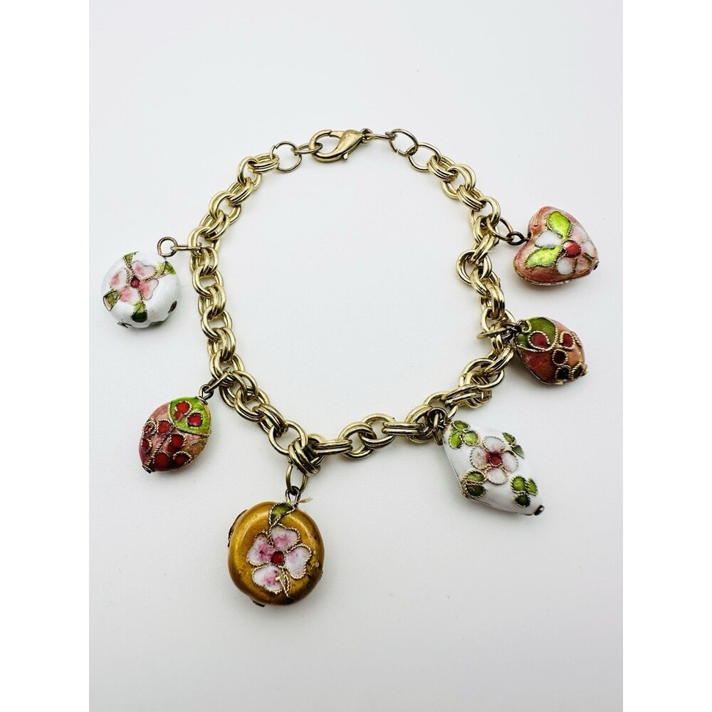 Vintage Cloisonné Charm Bracelet Gold Tone 8.5”